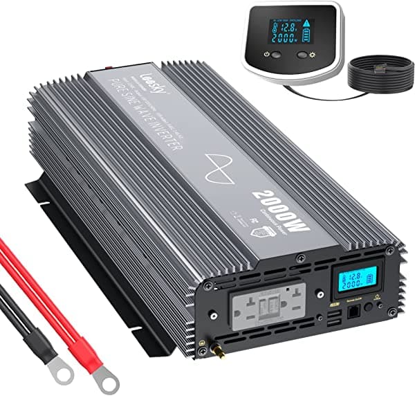 LEESKY Inversor de corriente de onda sinusoidal pura de 2000 W CC de 12 V a CA 110 V 120 V con enchufe GFCI dual 2.4 A puertos USB pantalla LCD y control remoto para acampar de emergencia al aire libre LS-2000QBR