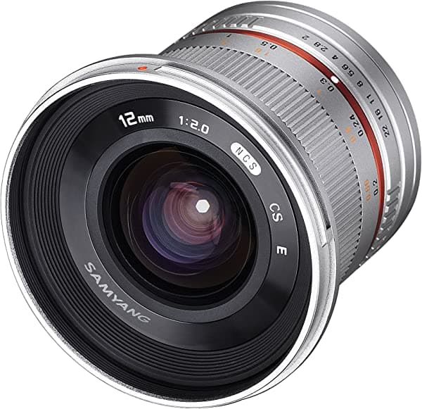 Samyang SY12M-FX-SIL - Lente ultra gran angular F2.0 de 0.472 in para cámaras Fujifilm X-Mount, color plateado SY12M-F-S