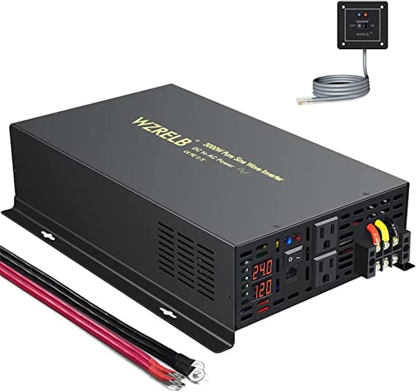 WZRELB Inversor de corriente de onda sinusoidal pura de 3000 W, 24 VCC y 120 VCA con 2 salidas de CA, inversor de automóvil con control remoto (RBP-300024WR)