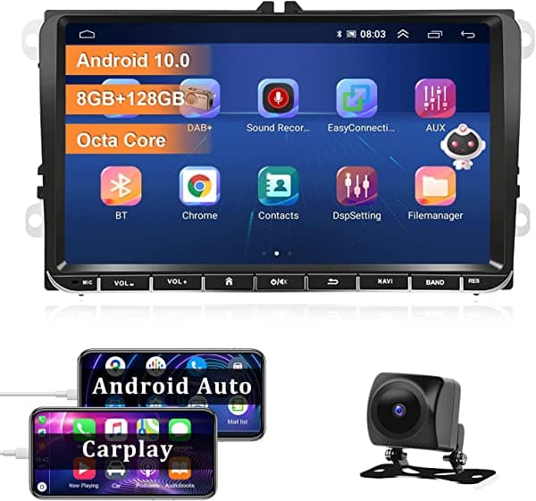 UNITOPSCI Estéreo Android 10.0 para auto, Bluetooth 5.0, para VW Passat Golf Jetta Polo Tiguan Touran Seat, Octa Core 8G 128G, CarPlay, DSP 36EQ, Double Din, pantalla táctil HD de 9 pulgadas, FM AM, GPS, WiFi, cámara de retroceso A2429