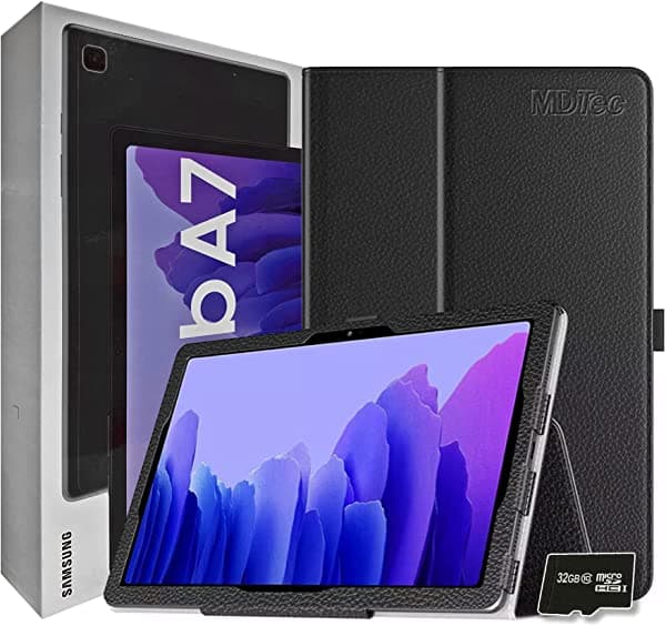 MDTec - Funda de piel sintética para Samsung Galaxy Tab A7 de 10.4 pulgadas, 32 GB, Wi-Fi, Android 10, pantalla táctil, protector de pantalla, lápiz capacitivo y tarjeta microSD de 32 GB [gris] ‎SM-T500SC