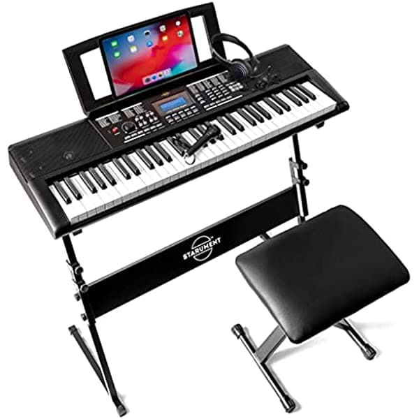 Starument Piano de teclado eléctrico de alta calidad de 61 teclas para principiantes con soporte, altavoces duales integrados, micrófono, auriculares, banco y panel de visualización