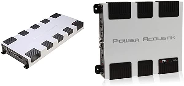 Power Acoustik Amplificador monobloque EG1-10000D 5000W Clase D, blanco y EG4-1000 Edge Series Amplificador AB de rango completo (4 canales, 1,000 vatios máximo)