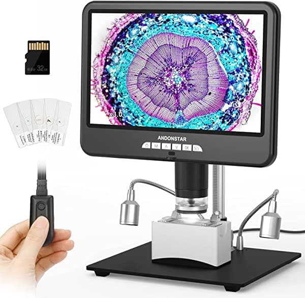 Andonstar AD207S Pro Microscopio digital HDMI de 10.1 pulgadas, grabación de video UHD 2160P, microscopio de soldadura, microscopio de monedas con soporte de 10 pulgadas para visión completa, luz inferior con toboganes preparados AD207S-10 Pro