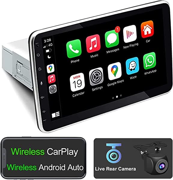 IYING 10 Inch Single Din Radio Ajustable | CarPlay Inalámbrico, Android Auto, Cámara Trasera, Bluetooth, GPS, WiFi, AM/FM fsrewhj-604