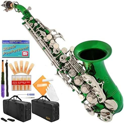 Lazarro Saxofón Soprano Curvo Bb B-Flat Green-Silver con 11 Cañas y Kit de Cuidado. Disponible en 24 Colores - Modelo 330-GR