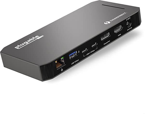 Plugable Estación de acoplamiento Thunderbolt 3 y USB C con carga de 96 W, compatible con portátiles Mac y Windows, DisplayPort y HDMI, 2X USB-C, 3X USB 3.0, Gigabit Ethernet, conector de audio, horizontal TBT3-UDC3