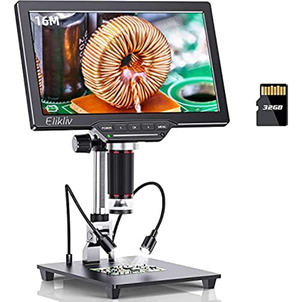 Elikliv EDM202 10.1" HDMI LCD Digital Microscope, 16MP Coin Microscope with Screen for Adults, Profesional Soldering Video Microscope, TV/Windows/Mac Compatible