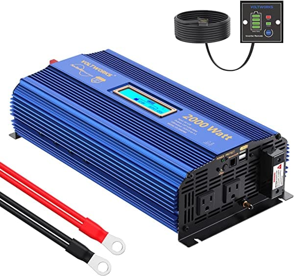 Convertidor de corriente para coche, onda sinusoidal pura, 2000 W, CC 12 V a 120 V CA, con control remoto y pantalla LCD, 1 bloque de terminales de CA, 2 salidas de CA, 2 puertos USB de 2,4 A, para RV camión barco por VOLTWORKS (12 Vazul)