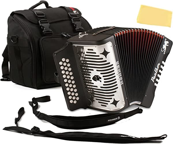 Hohner Panther Acordeón diatónico - Paquete de llaves F/Bb/Eb con kit de acordeón Hohner y paño de pulido Austin Bazaar AUS-A4840-COMBO-PRO