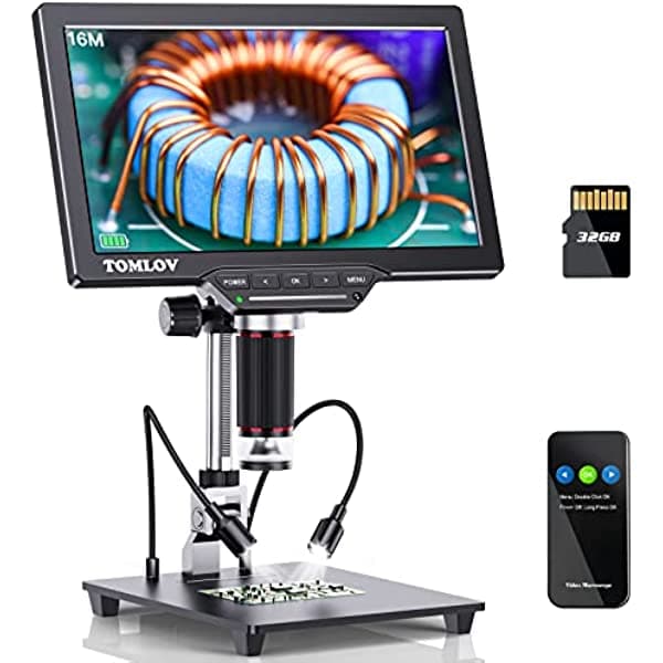 TOMLOV DM202 - Microscopio digital HDMI, microscopio LCD de 10.1 pulgadas, microscopio de moneda de 16 MP con pantalla para adultos, microscopio de micro soldadura, compatible con TV/Windows/Mac, tarjeta de 32 GB incluida