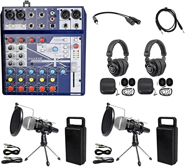 Kit de podcasting para 2 personas, mezclador de Soundcraft + auriculares, micrófono y soporte Notepad-8FX+RMC-XLR+PRO-M50+RTMS21 BROAD
