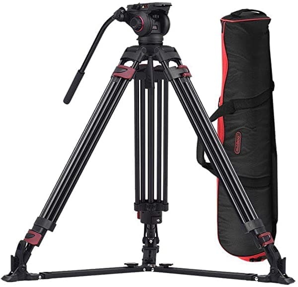 miliboo MTT609A - Trípode de video de cámara de aluminio resistente para videocámara/DSLR, soporte de trípode de monopie profesional de 66.5 pulgadas de altura máxima con 33.1 lbs de carga máxima y diseño de esparcidor de tierra