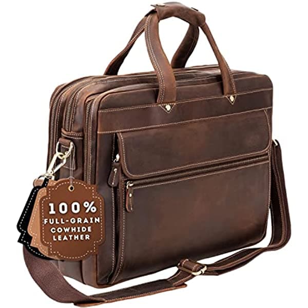 Luxorro Maletín Hombre Cuero de Grano Completo, Hecho a Mano, Varios Compartimentos, Hardware de Latón, para Laptop hasta 15.6" StyleB15inch