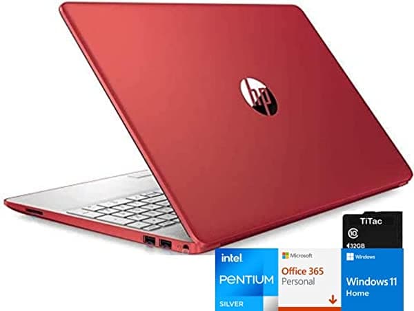 HP Pavilion - Computadora portátil HD de 15.6 pulgadas, procesador Intel Pentium, 16 GB de RAM, SSD de 1 TB, cámara web, USB-C, HDMI, Ethernet RJ-45, WiFi, incluye Microsoft 365 de 1 año, Windows 11 S, rojo escarlata, tarjeta TiTac HP Pavilion 15.6" Laptop