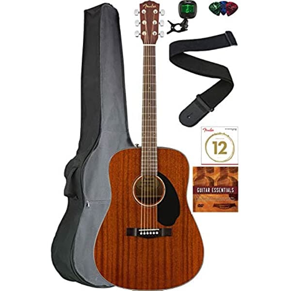 Fender CD-60S - Guitarra acustica Dreadnought de tapa solida, pack de caoba con funda acolchada, afinador, correa, cuerdas, puas y DVD instructivo de Austin Bazaar AUS-0961702021-COMBO-DLX