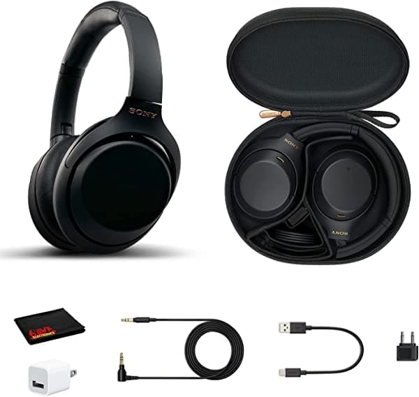 Sony WH-1000XM4 Auriculares inalámbricos con cancelación de ruido con micrófono para llamadas telefónicas, control de voz, negro, con adaptador de pared USB y paño de limpieza de microfibra, paquete 1000xm4b