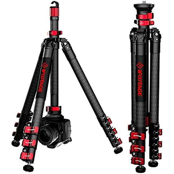 IFOOTAGE Trípode de viaje de fibra de carbono, trípodes de cámara de video profesional de 59 pulgadas, 4 secciones con poste central, compatible con Canon, Nikon, Sony DSLR videocámara fotográfica, carga máxima de 13.2 libras, TC5S