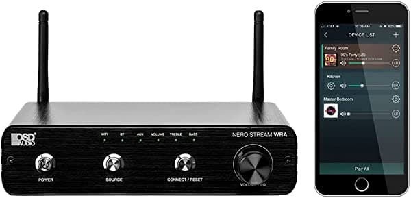 Amplificador para exteriores OSD WiFi Bluetooth Streaming Clase D (100 W x 2) Amplificador estéreo, aplicación gratuita iOS/Android, ajuste de ecualizador IP64 Nero Stream WRA