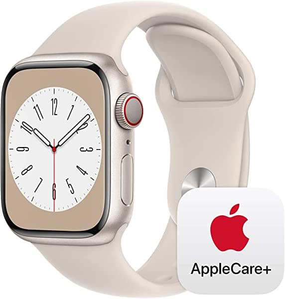 Apple Watch Series 8 GPS + celular de 1.614 in Starlight - Funda de aluminio con correa deportiva Starlight - M/L con AppleCare+ (2 años)