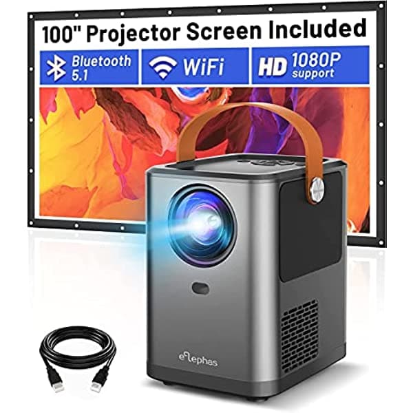 ELEPHAS [Actualizado 2022] Mini proyector Bluetooth WiFi, proyector de película compatible con ELLEPHAS 1080P Full HD, proyector de cine en casa con pantalla de proyector y zoom de 100 pulgadas, compatible con Android/iOS/PC/TV Stick/PS4