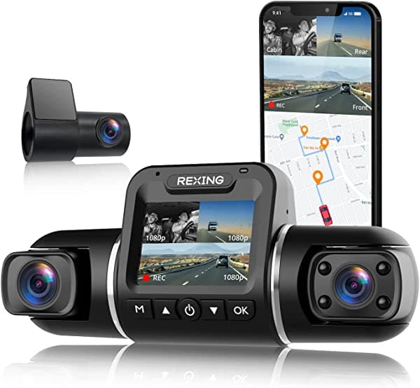 REXING V2 PRO AI Dash Cam 3 canales 1080p, LCD 2.7", WiFi, GPS, Visión Nocturna, Cámara ADAS, Detección Colisión y Peatones