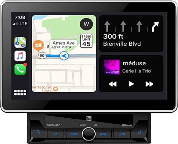 Dual Electronics DMCPA11BT Receptor multimedia de pantalla táctil extra grande de 10.1 pulgadas con Apple CarPlay y Android Auto L Bluetooth integrado con transmisión de música A2DP y soporte para agenda telefónica Does not apply