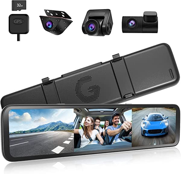 WOLFBOX Espejo de 3 canales dash cam Full HD de 12 pulgadas, espejo retrovisor con pantalla tactil, camara de retroceso con vista frontal y trasera independiente de 1080p, grabacion doble, vision nocturna, asistencia de estacionamiento GPS G880