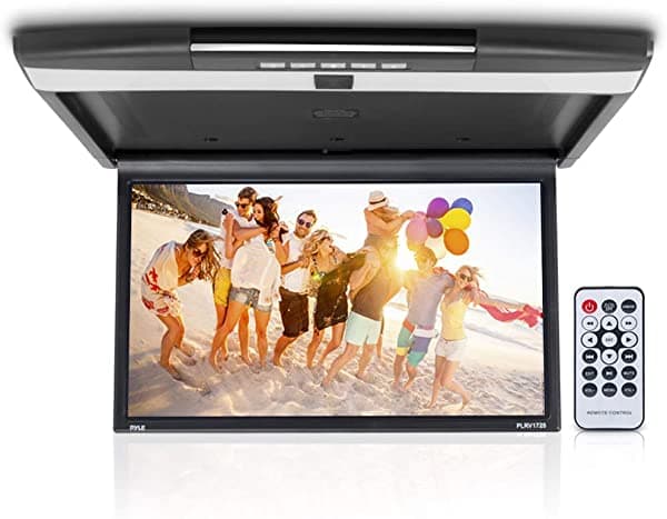 Consola Pyle para techo de coche, con pantalla LCD abatible, panel de control con reproductor de TV HDMI con transmisor IR integrado para auriculares IR e inalámbricos PLRV1725