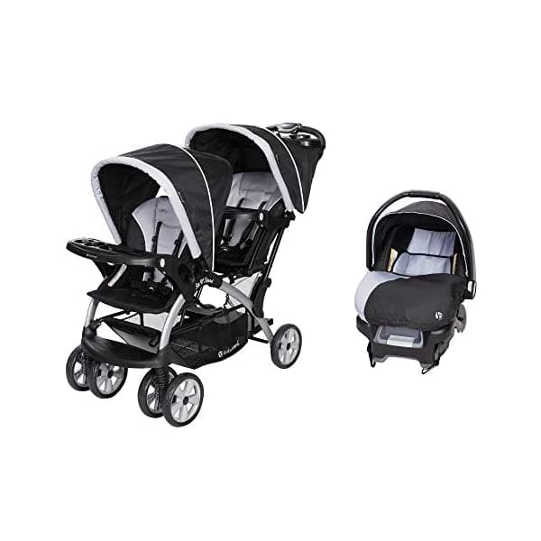 Cochecito Baby Trend doble, de 5 puntos, y asiento infantil para vehículo, de 35 libras, con base para asiento CS79B51A
