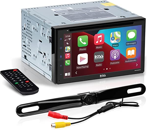 BOSS Audio Systems BCPA9690RC Apple CarPlay Android Reproductor de DVD de automóvil con cámara de visión trasera, doble DIN, pantalla táctil LCD de 6.75 pulgadas, Bluetooth, reproductor de MP3, puerto USB, receptor de radio AM/FM