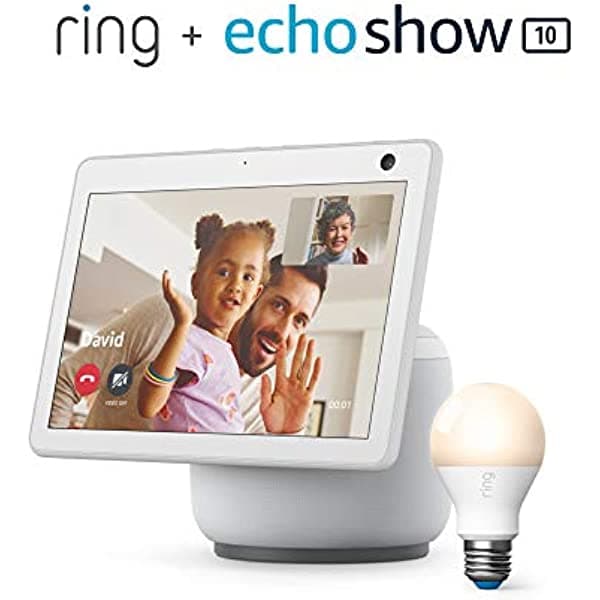 Amazon Ring A19 Smart LED Bulb, Blanco (Ring Bridge required) Paquete con Nuevo Echo Show 10 (3ra Gen) - Blanco