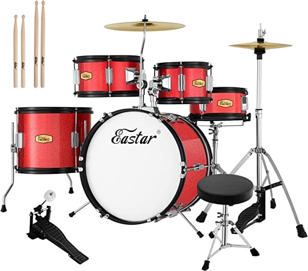 Eastar EDS-350BK - Kit de bateria acustica de 5 piezas de 16 pulgadas, bateria junior para principiantes, ninos y adolescentes, con banqueta ajustable, platillo, pedal y baquetas, negro metalizado
