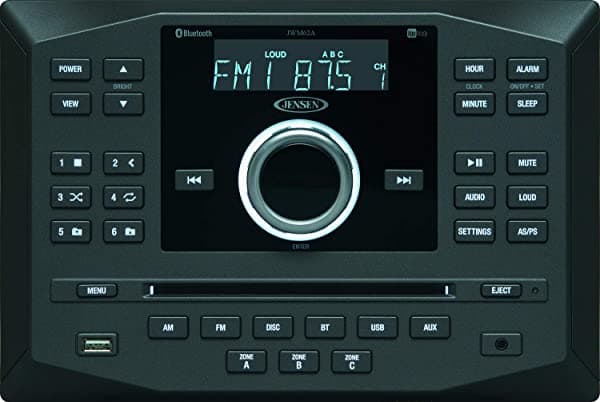 Jensen JWM62A AM|FM|DVD|CD|USB|AUX|Estéreo de pared Bluetooth listo para aplicación con control de aplicación, zonas de 3 velocidades/8 salidas de altavoz 8 x 6 vatios, recibe audio Bluetooth (A2DP) y controles (AVRCP) desde dispositivos