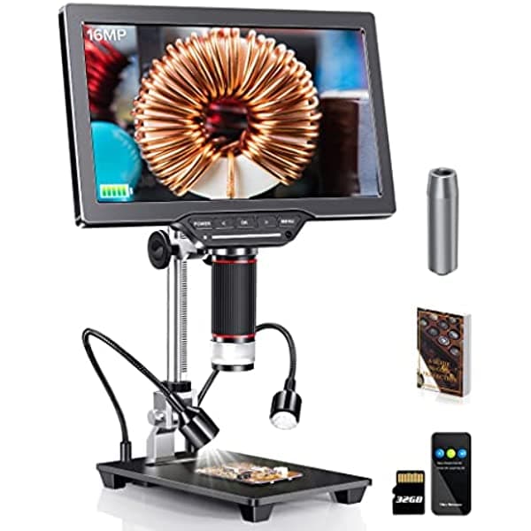 Dcorn Microscopio Digital HDMI 10" 1500X 16MP con LED y Control Táctil, Compatible con TV/Windows/Mac, Incluye Guía de Monedas ighebj