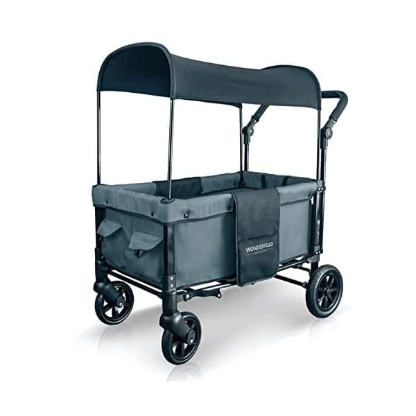 WonderFold - Carrito plegable multifunción para 2 pasajeros, plegable, con toldo ajustable y extraíble, asientos dobles con arnés de 5 puntos W1 Gray