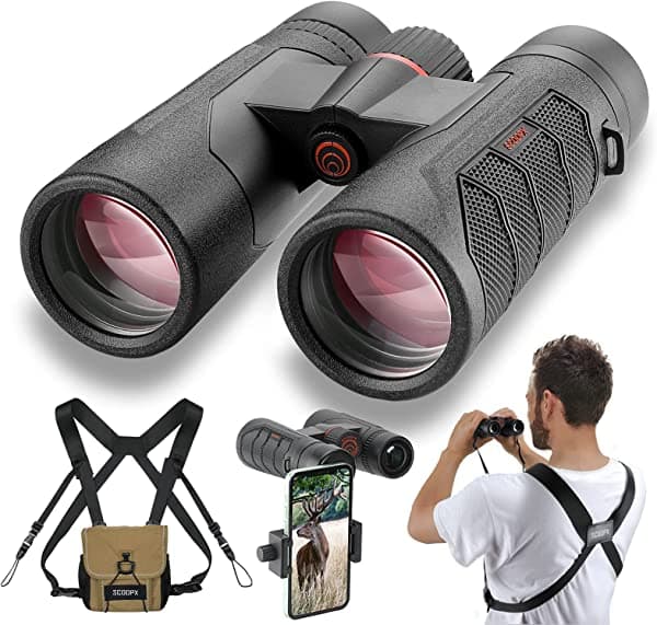 ScoopX Binoculares Ultra HD de 10 x 42 pulgadas con adaptador de teléfono y arnés - Ocular de visión grande de 0.945 in, nitidez de borde a borde, campo de visión amplio angular de 6.5° - Binoculares ligeros impermeables para observación de aves y caza S-BW19