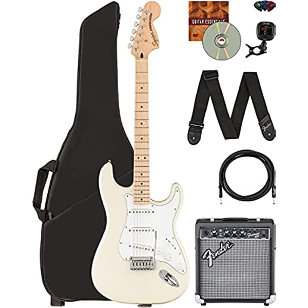 Fender Squier Affinity Stratocaster - Pack Blanco Olimpico con amplificador Frontman 10G, cable de instrumento, funda acolchada, afinador, correa, puas y DVD instructivo de Austin Bazaar 378202557
