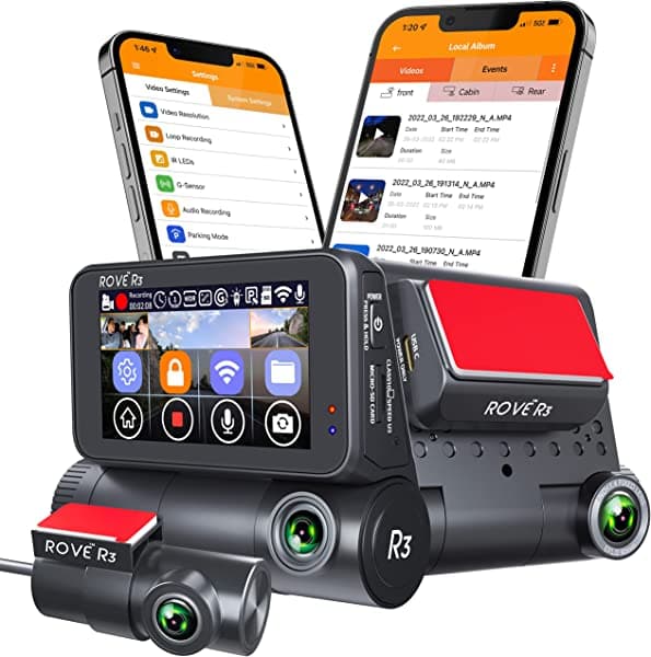 Rove R3 Dash cam para tablero, pantalla tactil IPS de 3 pulgadas, dash cam de 3 canales delantera y trasera con cabina, WiFi de 5.0 GHz, GPS integrado, 2K-1440P+1080P+1080P, monitor de estacionamiento de 24 horas, supercapacitor, soporta hasta 512 GB