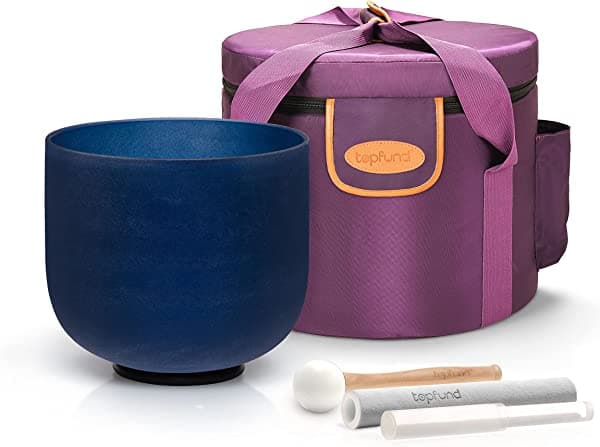 TOPFUND Violet A# Note - Cuenco de cristal para cantar, chakra pineal de 8 pulgadas con estuche de transporte resistente y cuenco para cantar, gamuza Striker Indigo A Note Third Eye Sound Bowl 8"