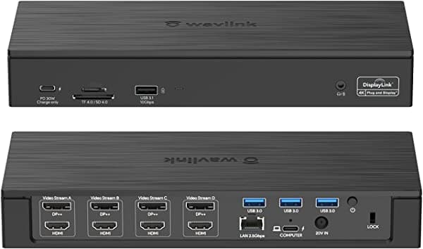 WAVLINK Estación de acoplamiento universal de nivel empresarial 19 en 1, USB C a Quad 4K a 60 Hz, salidas de video duales de 5K a 60 Hz con carga host de 100 W para Windows/Mac (4 HDMI, 4 DP, lector de tarjetas SD 4.0, LAN de 2.5 Gbps) 69PD8PRO