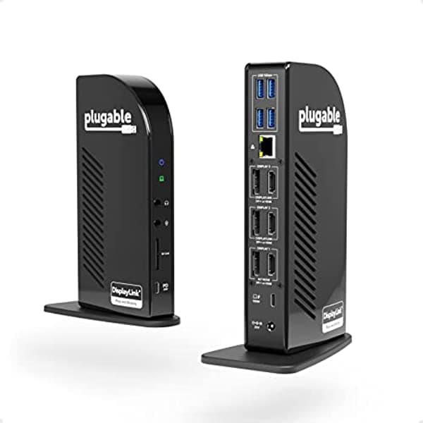 Plugable Estación de acoplamiento USB-C 4K Triple Display con compatibilidad de carga para sistemas específicos Windows USB C y Thunderbolt 3 (1 HDMI y 2 salidas DisplayPort++, 5 puertos USB, 60 W USB PD) UD-ULTC4K