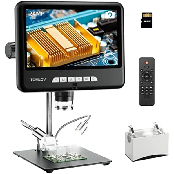TOMLOV DM402 Pro 2K Microscopio digital 1200x, microscopio IPS HDMI de 10.1 pulgadas con pantalla, luz transmitida inferior, microscopio de moneda de soldadura digital LCD de 24 MP, soporte de 10 pulgadas, compatible con PC/TV, 32 GB