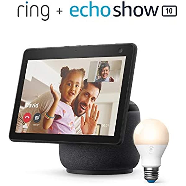 Amazon Ring A19 Smart LED Bulb, Blanco, Paquete con Nuevo Echo Show 10 (3ra Gen) - Negro