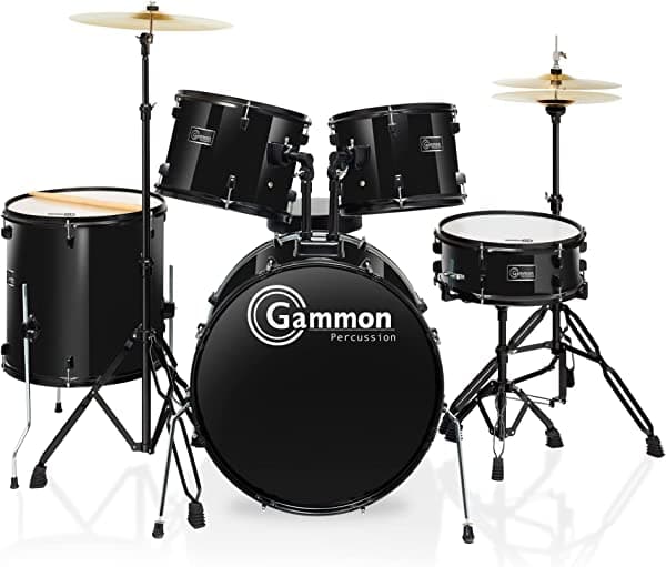 Gammon Percussion Set de batería color negro, juego de 5 piezas de tamaño completo con soporte de platillos y palillos de taburete, Negro 21714759