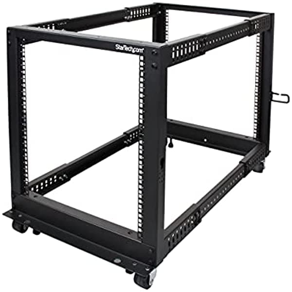 StarTech.com bastidor de servidor de postes abiertos de 12U de armazón abierto de profundidad ajustable con ruedas/niveladores y ganchos de administración de cable 4POSTRACK12U, color negro, Negro
