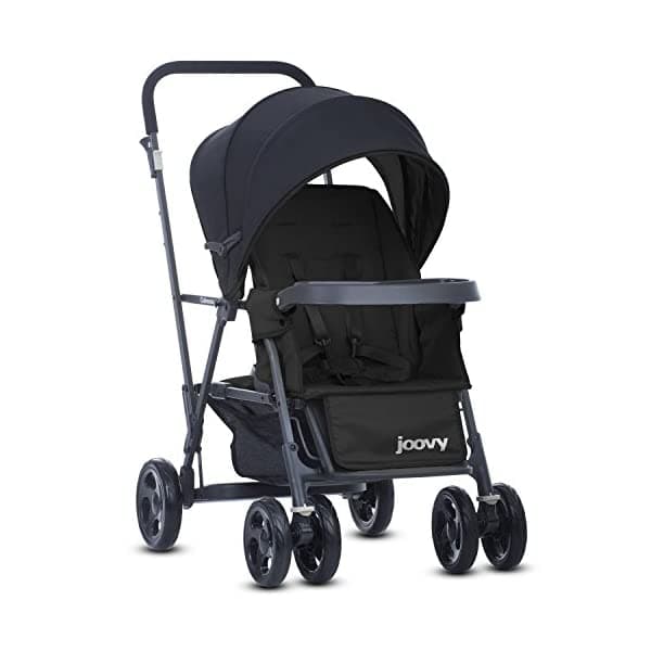 Joovy Caboose 8147 Cochecito Doble Sit and Stand con Asiento y Plataforma Trasera, Asientos Reclinables 3 Posiciones, Adaptador Universal para Silla de Auto (Negro)