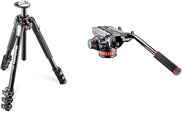 Manfrotto 502 Video Head MVH502AH y MT190XPRO4 Trípode de aluminio de 4 secciones, negro