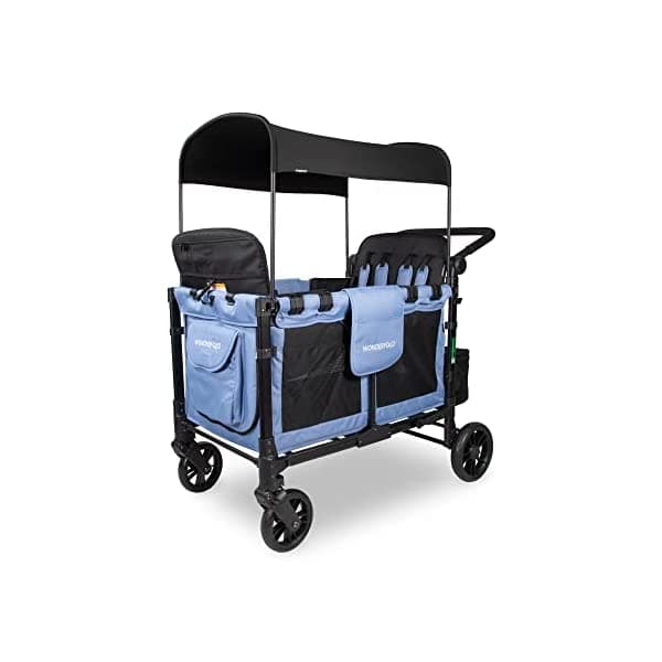 WONDERFOLD W4 Elite - Carro de cochecito cuádruple con 4 asientos cara a cara con arneses de 5 puntos, mango ajustable y toldo extraíble de protección UV, azul tormenta W4ELT-STMBLU