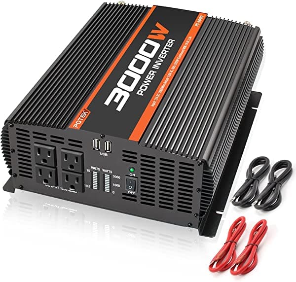 POTEK - Inversor de corriente de 3000W, 4 salidas de AC, DC 12V a 110V AC, inversor de coche con 2 puertos USB y Bluetooth PI 3000W